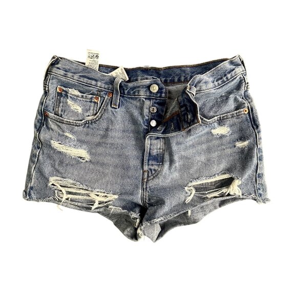 Levis 501 Shorts Womens 31 Blue Denim High Rise Distressed Ripped Button Fly Mom - Picture 1 of 10
